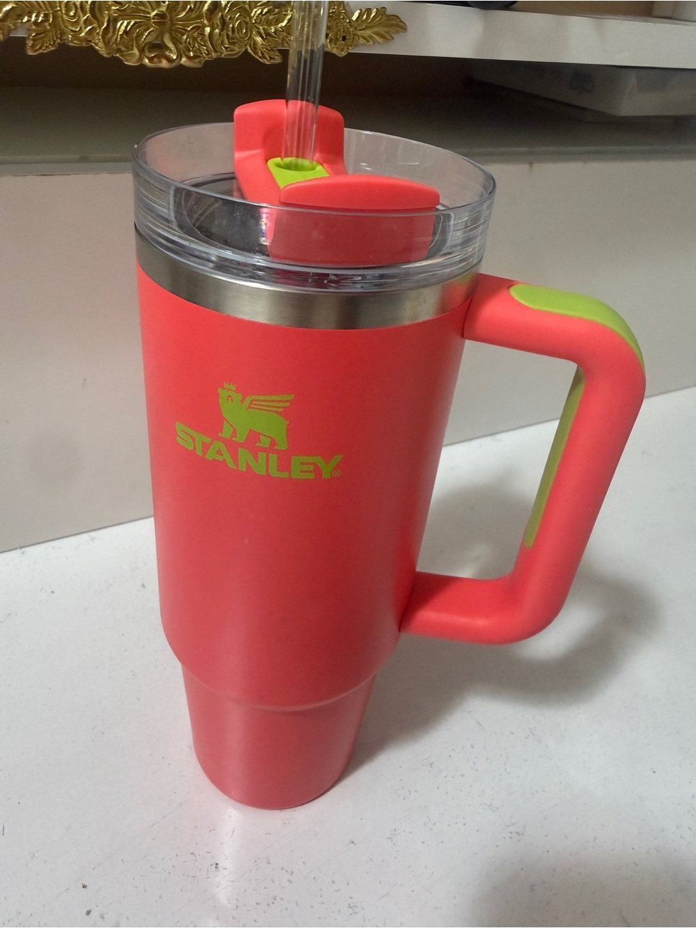 Stanley Coral Travel Mug with Lime Accents - Spill-Resistant Handle Tumbler